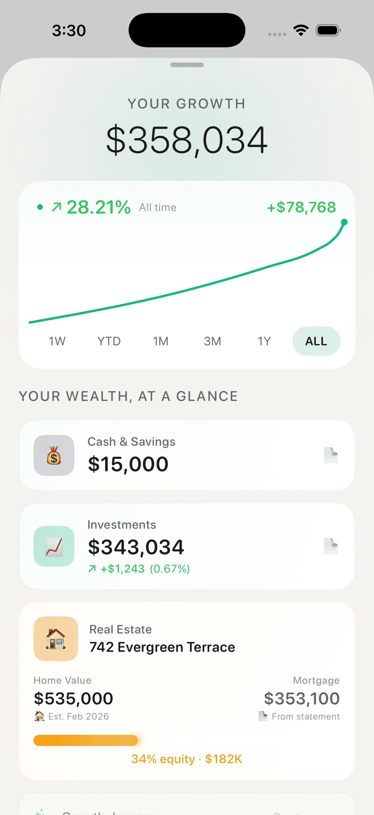 Wealth dashboard showing home equity, investments, and net worth